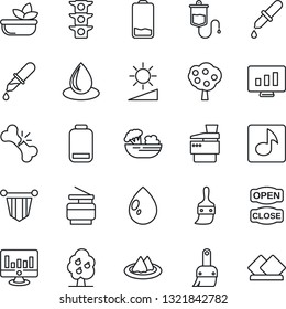 Thin Line Icon Set - pennant vector, statistic monitor, water drop, dropper, broken bone, traffic light, low battery, themes, brightness, music, copier, fruit tree, serviette, salad, open close