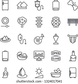 Thin Line Icon Set - pennant vector, statistic monitor, water drop, bench, dropper, broken bone, traffic light, low battery, themes, brightness, music, fruit tree, serviette, salad, open close
