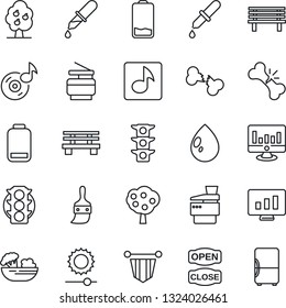 Thin Line Icon Set - pennant vector, statistic monitor, water drop, bench, dropper, broken bone, traffic light, low battery, themes, brightness, music, copier, fruit tree, salad, open close, fridge