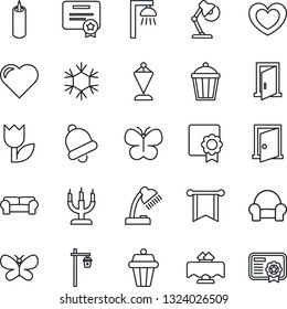 Thin Line Icon Set - pennant vector, butterfly, garden light, heart, tulip, bell, sertificate, desk lamp, cushioned furniture, restaurant table, candle, snowflake, outdoor, door, pennon, certificate