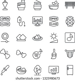 Thin Line Icon Set - pennant vector, statistic monitor, bench, dropper, broken bone, traffic light, themes, brightness, music, copier, fruit tree, serviette, salad, open close, fridge