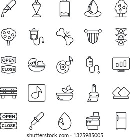Thin Line Icon Set - pennant vector, statistic monitor, water drop, bench, dropper, broken bone, traffic light, low battery, themes, music, copier, fruit tree, salad, open close, serviette, fridge