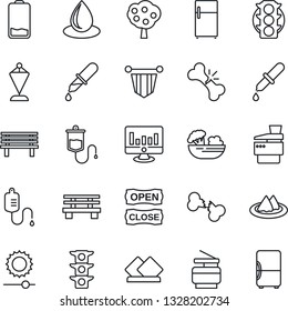 Thin Line Icon Set - pennant vector, statistic monitor, water drop, bench, dropper, broken bone, traffic light, low battery, brightness, copier, fruit tree, serviette, salad, open close, fridge