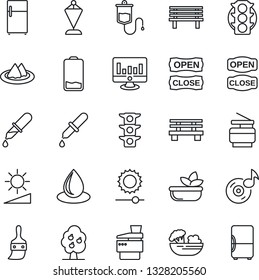 Thin Line Icon Set - pennant vector, statistic monitor, water drop, bench, dropper, traffic light, low battery, themes, brightness, music, copier, fruit tree, serviette, salad, open close, fridge