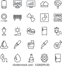 Thin Line Icon Set - pennant vector, statistic monitor, water drop, bench, dropper, broken bone, traffic light, low battery, themes, brightness, music, copier, fruit tree, salad, open close, fridge
