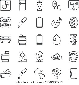 Thin Line Icon Set - pennant vector, statistic monitor, water drop, bench, dropper, broken bone, traffic light, low battery, brightness, music, copier, fruit tree, serviette, salad, open close
