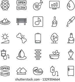 Thin Line Icon Set - pennant vector, statistic monitor, water drop, bench, dropper, broken bone, traffic light, low battery, themes, brightness, music, fruit tree, serviette, salad, open close