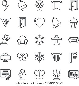 Thin Line Icon Set - pennant vector, butterfly, heart, tulip, bell, sertificate, desk lamp, cushioned furniture, restaurant table, candle, snowflake, outdoor, door, pennon, certificate