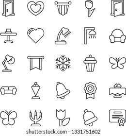 Thin Line Icon Set - pennant vector, butterfly, heart, tulip, bell, sertificate, desk lamp, cushioned furniture, restaurant table, candle, snowflake, outdoor, door, pennon, certificate