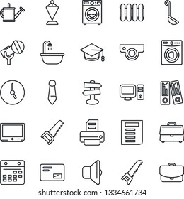 Thin Line Icon Set - pennant vector, office binder, graduate, tie, document, printer, watering can, saw, signpost, microphone, tv, mail, clock, calendar, case, bathroom, washer, ladle, web camera