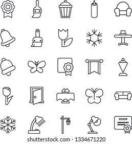 Thin Line Icon Set - pennant vector, butterfly, garden light, tulip, themes, bell, sertificate, desk lamp, cushioned furniture, restaurant table, candle, snowflake, door, pennon, certificate