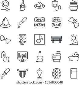 Thin Line Icon Set - pennant vector, statistic monitor, water drop, bench, dropper, broken bone, traffic light, themes, brightness, music, copier, serviette, salad, open close, fridge