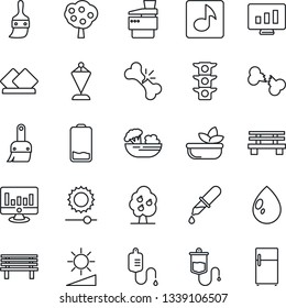 Thin Line Icon Set - pennant vector, statistic monitor, water drop, bench, dropper, broken bone, traffic light, low battery, themes, brightness, music, copier, fruit tree, salad, serviette, fridge