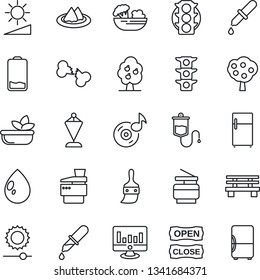 Thin Line Icon Set - pennant vector, statistic monitor, water drop, bench, dropper, broken bone, traffic light, low battery, themes, brightness, music, copier, fruit tree, serviette, salad, fridge