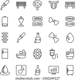 Thin Line Icon Set - pennant vector, statistic monitor, water drop, bench, dropper, broken bone, traffic light, low battery, themes, music, copier, fruit tree, salad, open close, fridge