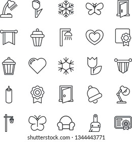 Thin Line Icon Set - pennant vector, butterfly, garden light, heart, tulip, themes, bell, sertificate, desk lamp, cushioned furniture, candle, snowflake, outdoor, door, pennon, certificate