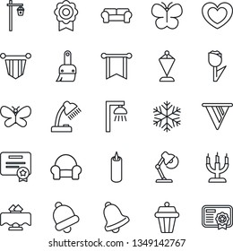 Thin Line Icon Set - pennant vector, butterfly, garden light, heart, tulip, themes, bell, sertificate, desk lamp, cushioned furniture, restaurant table, candle, snowflake, outdoor, pennon