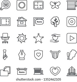 Thin Line Icon Set - pennant vector, tree, butterfly, house, sun, heart, shield, hand, folder document, play button, rec, record, ink pen, office chair, tie, plan, rooms, building, estate search