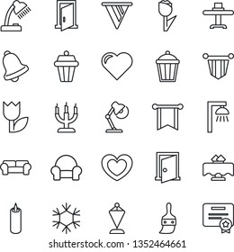 Thin Line Icon Set - pennant vector, garden light, heart, tulip, themes, bell, desk lamp, cushioned furniture, restaurant table, candle, snowflake, outdoor, door, pennon, certificate