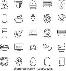 Thin Line Icon Set - pennant vector, statistic monitor, water drop, bench, broken bone, traffic light, low battery, brightness, music, copier, fruit tree, serviette, salad, open close, fridge