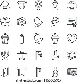 Thin Line Icon Set - pennant vector, butterfly, garden light, heart, themes, bell, sertificate, desk lamp, cushioned furniture, restaurant table, candle, snowflake, outdoor, door, pennon