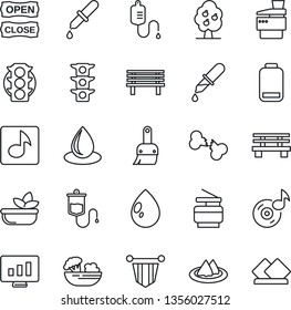 Thin Line Icon Set - pennant vector, statistic monitor, water drop, bench, dropper, broken bone, traffic light, low battery, themes, music, copier, fruit tree, serviette, salad, open close