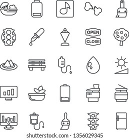 Thin Line Icon Set - pennant vector, statistic monitor, water drop, bench, dropper, broken bone, traffic light, low battery, themes, brightness, music, copier, fruit tree, serviette, salad, fridge