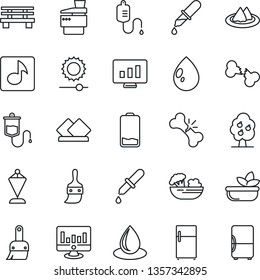 Thin Line Icon Set - pennant vector, statistic monitor, water drop, bench, dropper, broken bone, low battery, themes, brightness, music, copier, fruit tree, serviette, salad, fridge