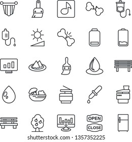 Thin Line Icon Set - pennant vector, statistic monitor, water drop, bench, dropper, broken bone, low battery, themes, brightness, music, copier, fruit tree, serviette, salad, open close, fridge
