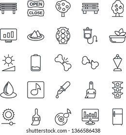 Thin Line Icon Set - pennant vector, statistic monitor, water drop, bench, dropper, broken bone, traffic light, low battery, themes, brightness, music, fruit tree, serviette, salad, open close