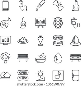 Thin Line Icon Set - pennant vector, statistic monitor, water drop, bench, dropper, broken bone, traffic light, low battery, themes, brightness, music, fruit tree, serviette, salad, open close