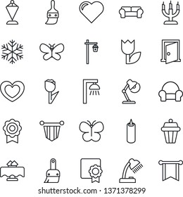 Thin Line Icon Set - pennant vector, butterfly, garden light, heart, tulip, themes, sertificate, desk lamp, cushioned furniture, restaurant table, candle, snowflake, outdoor, door, pennon