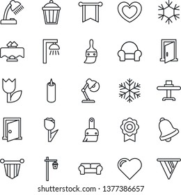 Thin Line Icon Set - pennant vector, garden light, heart, tulip, themes, bell, sertificate, desk lamp, cushioned furniture, restaurant table, candle, snowflake, outdoor, door, pennon