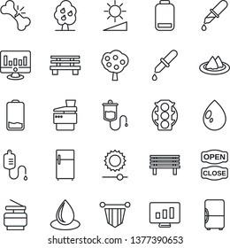 Thin Line Icon Set - pennant vector, statistic monitor, water drop, bench, dropper, broken bone, traffic light, low battery, brightness, copier, fruit tree, serviette, open close, fridge