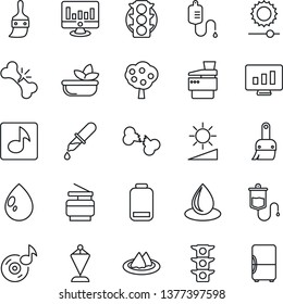 Thin Line Icon Set - pennant vector, statistic monitor, water drop, dropper, broken bone, traffic light, low battery, themes, brightness, music, copier, fruit tree, serviette, salad, fridge