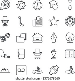 Thin Line Icon Set - pennant vector, tree, lawn mower, sun, joint, folder document, record, office building, ink pen, chair, tie, house, panel, mountains, plan, estate search, sweet home, ladle