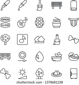 Thin Line Icon Set - pennant vector, water drop, bench, dropper, broken bone, traffic light, low battery, themes, brightness, music, copier, fruit tree, serviette, salad, open close, fridge