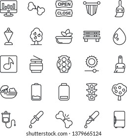 Thin Line Icon Set - pennant vector, statistic monitor, water drop, bench, dropper, broken bone, traffic light, low battery, themes, brightness, music, copier, fruit tree, salad, open close, fridge
