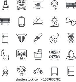 Thin Line Icon Set - pennant vector, statistic monitor, water drop, bench, dropper, broken bone, traffic light, low battery, themes, brightness, music, copier, fruit tree, serviette, open close