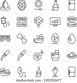 Thin Line Icon Set - pennant vector, statistic monitor, water drop, bench, dropper, broken bone, traffic light, themes, brightness, music, copier, fruit tree, serviette, salad, open close, fridge