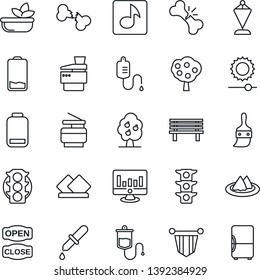 Thin Line Icon Set - pennant vector, statistic monitor, bench, dropper, broken bone, traffic light, low battery, themes, brightness, music, copier, fruit tree, serviette, salad, open close, fridge
