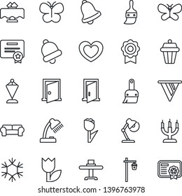 Thin Line Icon Set - pennant vector, butterfly, garden light, heart, tulip, themes, bell, sertificate, desk lamp, cushioned furniture, restaurant table, candle, snowflake, outdoor, door, pennon