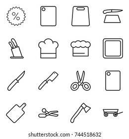 thin line icon set : percent, cutting board, stands for knives, cook hat, chief, knife, chef, scissors, axe, trailer