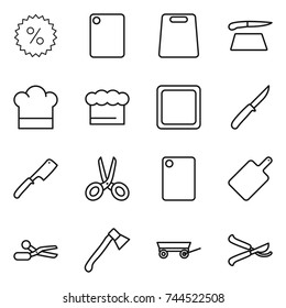 thin line icon set : percent, cutting board, cook hat, chief, knife, chef, scissors, axe, trailer, pruner