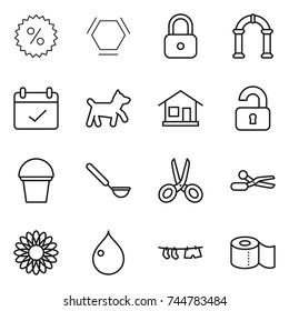 thin line icon set : percent, hex molecule, lock, arch, terms, dog, home, unlocked, bucket, ladle, scissors, flower, drop, drying clothe, toilet paper