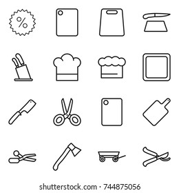 thin line icon set : percent, cutting board, stands for knives, cook hat, chief, chef knife, scissors, axe, trailer, pruner