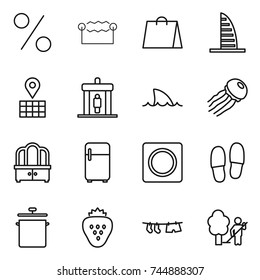 thin line icon set : percent, electrostatic, shopping bag, skyscraper, map, detector, shark flipper, jellyfish, dresser, fridge, ring button, slippers, pan, strawberry, drying clothe