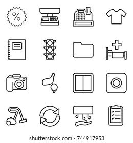 thin line icon set : percent, market scales, cashbox, t shirt, copybook, traffic light, documents, hospital, camera, golf, power switch, ring button, vacuum cleaner, reload, hand dryer
