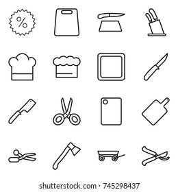 thin line icon set : percent, cutting board, stands for knives, cook hat, chief, knife, chef, scissors, axe, trailer, pruner