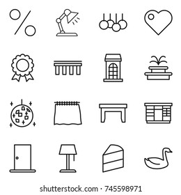 thin line icon set : percent, table lamp, sale, heart, medal, bridge, building, fountain, disco ball, curtain, wardrobe, door, floor, cake, goose
